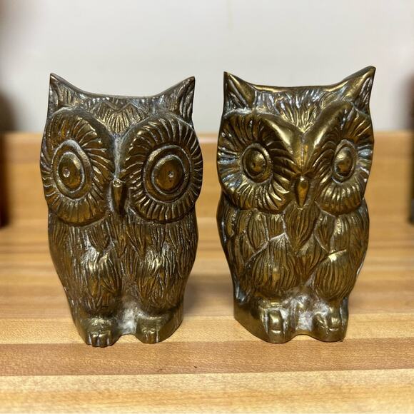 Vintage Brass Owls Pair Heavy Weight MCM